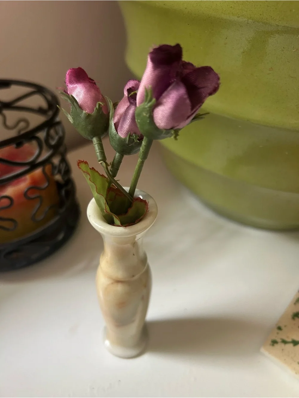 Purple Silk Rose Buds in Ivory Marble-Look Vase - Home Accent